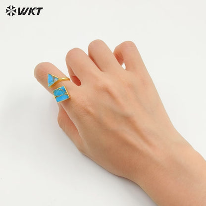 WT-R394 WKT 2022 Luxury Women's Jewelry 18k Real Gold Plated Copper Turquoise Stone for Lady Ring Gems Double Stone Ring