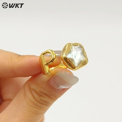 WT-MPR158 Newest Unique Design Gold Electroplated Natural Freshwater Pearl Letter And Star Shape Rings For Women Daily Matching