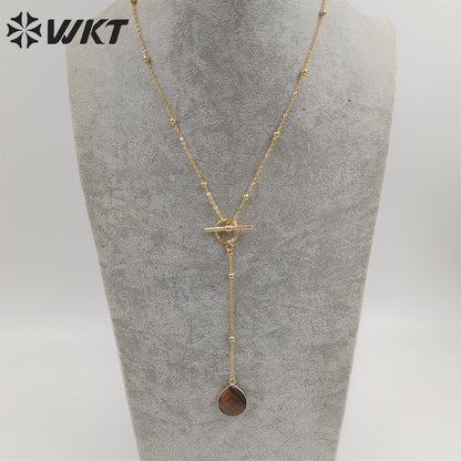 WT-N1386 WKT Newest Fashion Gold Plated Women Lariet Pendant Necklace Gold Beads Chain Themed Stone Necklace