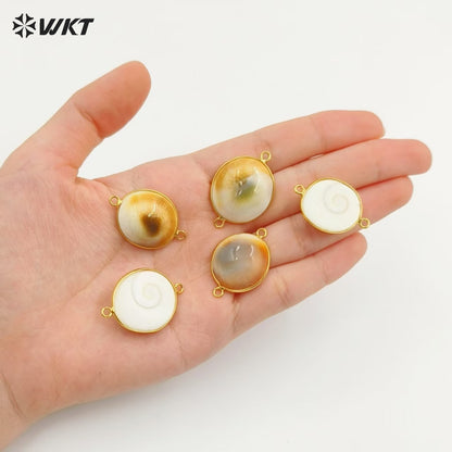 WT-PC012 Newest Unique Design Natural Shell Connector With Double Hoops Gold Plated Round Shape for Bracelet Jewelry Making