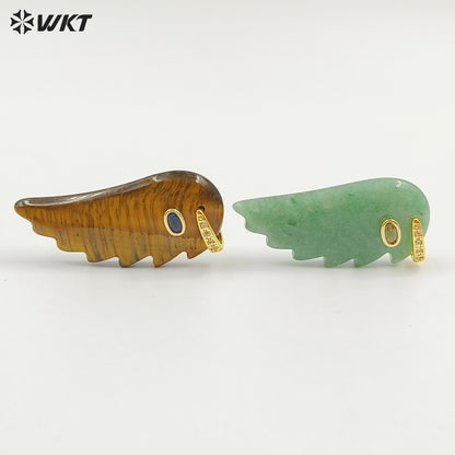 WT-P2061 Amazing Vaious Natural Gemstones And Zircon Carve Feather Shape Pendants As Female Cute Earrings DIY Accessory