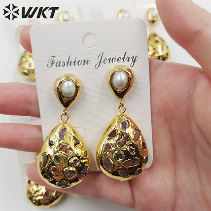 WT-MPE088 WKT NEW Design 18k Real Gold Plated Teardrop rubble Tourmaline Made Pearl Studs Earrings Gorgeous Charming Drop Studs