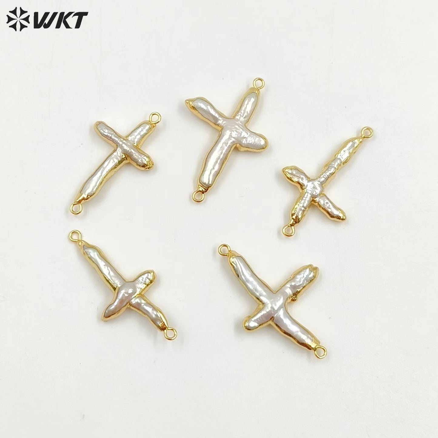 WT-C095 Wholesale Amazing Double Loops Freshwater Pearl Cross Pendant for Jewelry Findings Irregular Natural Real Pearl Cross