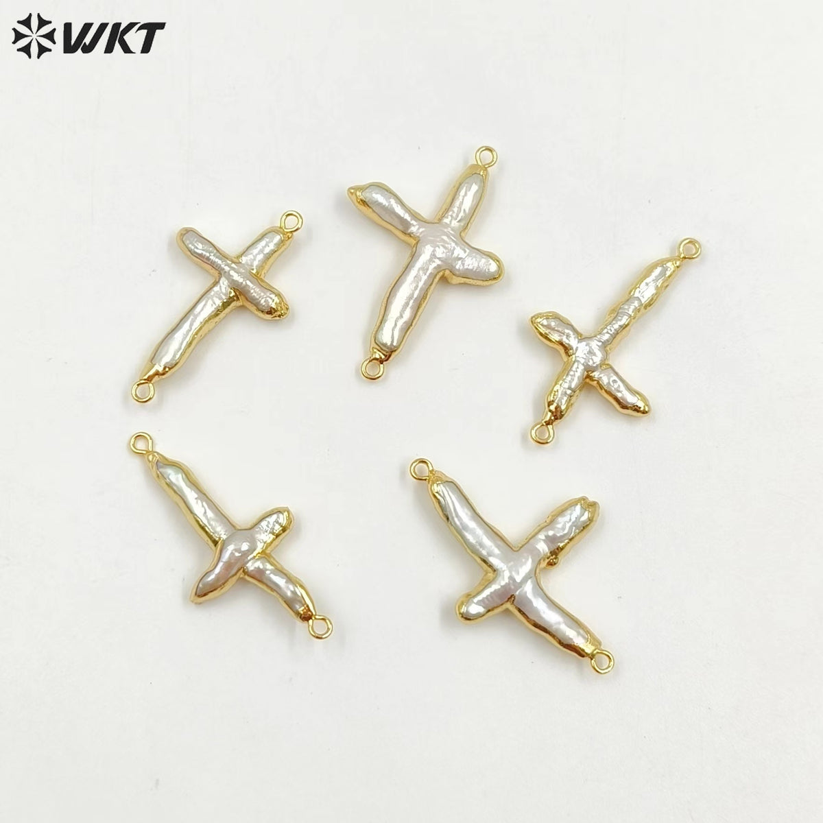 WT-C095 Wholesale Amazing Double Loops Freshwater Pearl Cross Pendant for Jewelry Findings Irregular Natural Real Pearl Cross