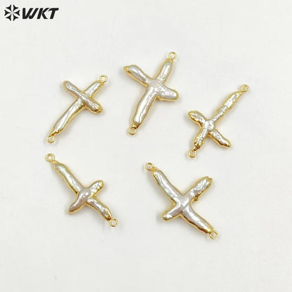 WT-C095 Wholesale Amazing Double Loops Freshwater Pearl Cross Pendant for Jewelry Findings Irregular Natural Real Pearl Cross