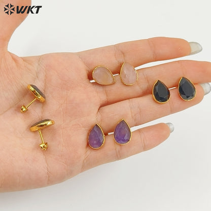 WT-E800 Fashion Classical Gold Plated Various Natural Gemstones Waterdrop Shape Earrings As Lady Elegant Jewelry Decoration
