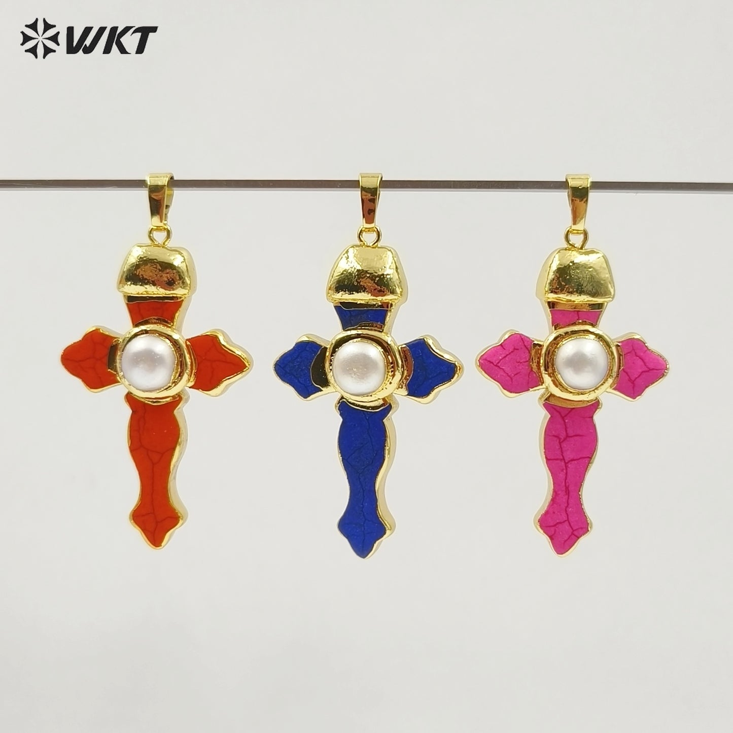 WT-P2092 New Arrival Gold Plated Multi Colors Natural Turquoise Stone And Pearl Cross Charm Pendants As Lady Jewelry Accessory