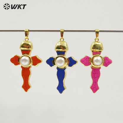 WT-P2092 New Arrival Gold Plated Multi Colors Natural Turquoise Stone And Pearl Cross Charm Pendants As Lady Jewelry Accessory