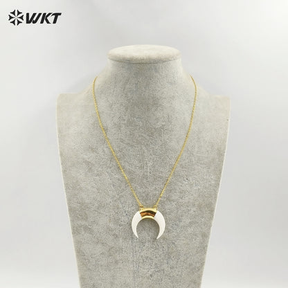 WT-N638 New Arrival Mother of Pearl Crescent Horn Pendant Necklace White Double Loops With 24k Gold Plated Tiny Chain For Gift