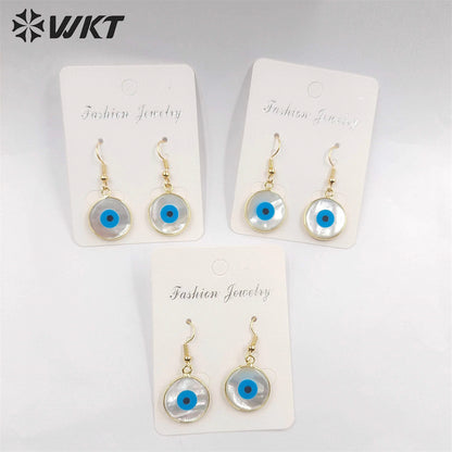 WT-E162 Wholesale Fashion Gold Plated Bezel Eye Earrings, Women Gold Shell Eye Earrings Natural Shell Earrings