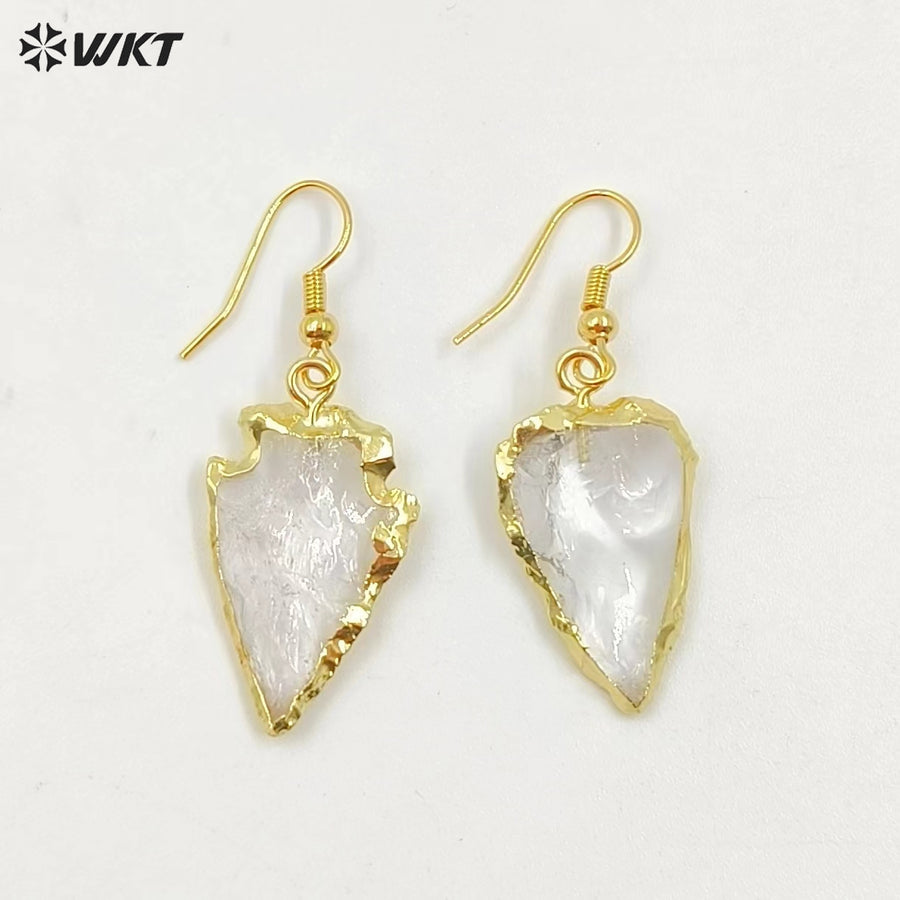 WT-E111 Wholesale Natural Raw Crystal Quartz Arrowhead Earrings, Fashion Raw Crystal Quartz Earrings
