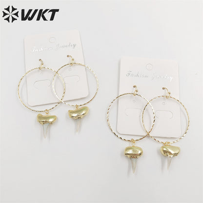 WKT-E676 Fashion Gold Plated Specimen Teeth Earrings Women Unique Big Hoop Dangle Shark Tooth Earrings