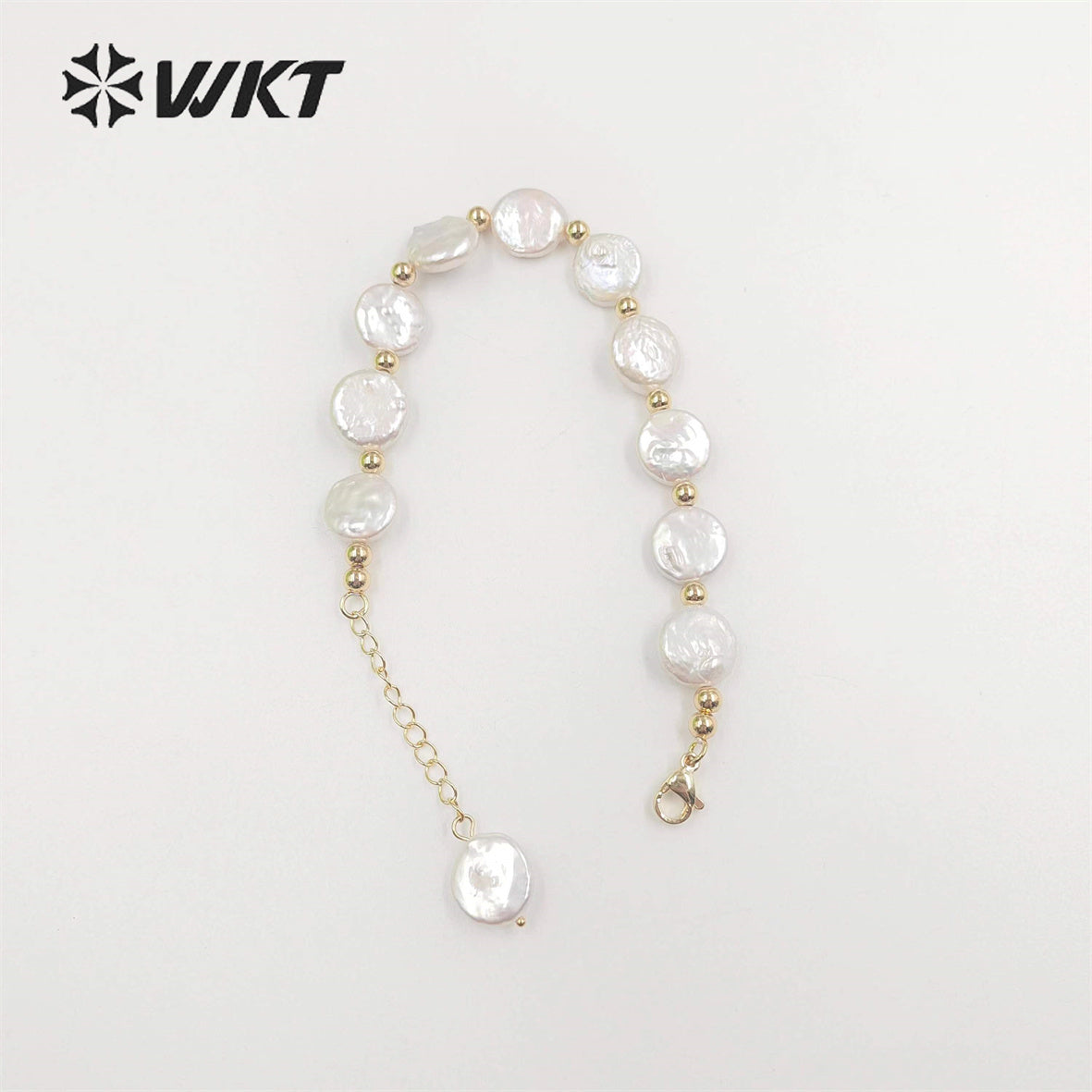 WT-MPB091 WKT New Design Delicate Round Coin Freshwater Pearl Bracelet 7Inch Long High Quality Pearl Beads Jewelry Bracelet