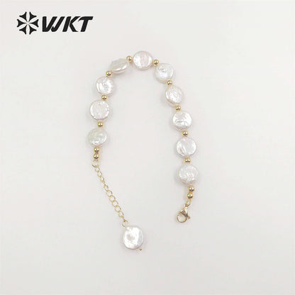 WT-MPB091 WKT New Design Delicate Round Coin Freshwater Pearl Bracelet 7Inch Long High Quality Pearl Beads Jewelry Bracelet