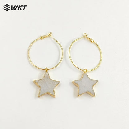 WT-E739 Wholesale Fashion Druzy Five Star Natural Crystal Quartz Stone Earrings Round Hoop Shape Women Beautiful Jewelry