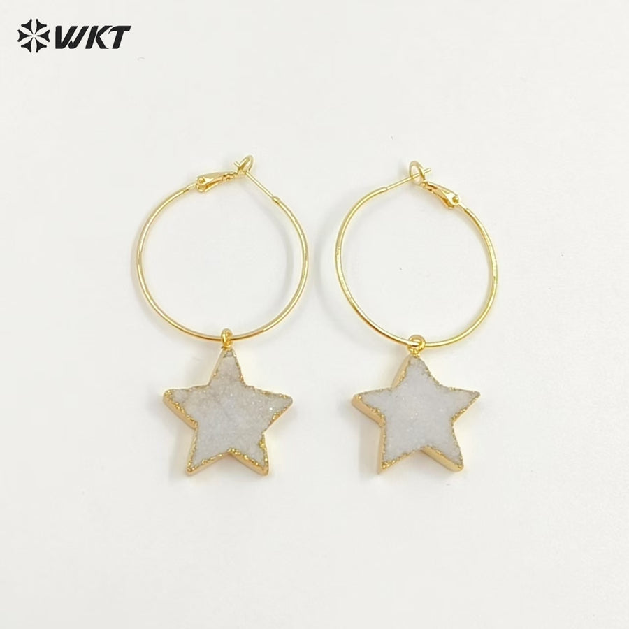 WT-E739 Wholesale Fashion Druzy Five Star Natural Crystal Quartz Stone Earrings Round Hoop Shape Women Beautiful Jewelry