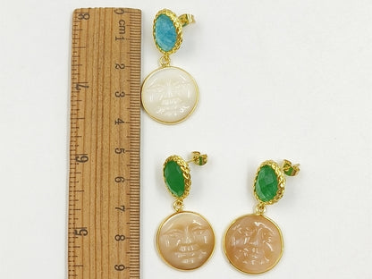 WT-MPE192 Unique Style Gold Plated Natural Jade And Shell Carved Face Shape Pendant Earrings For Female Special Party Gift