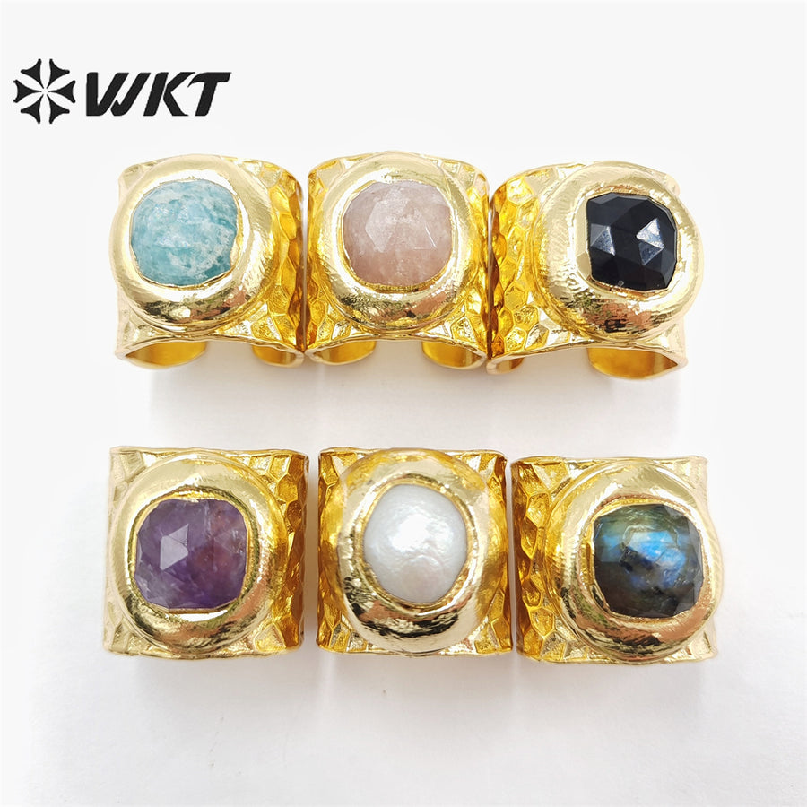 WT-R301 WKT New Design Fashion Gold Bezel 18k Real Gold Plated Natural Gemstone Ring Women Cocktail Finger Birthday Stone Ring