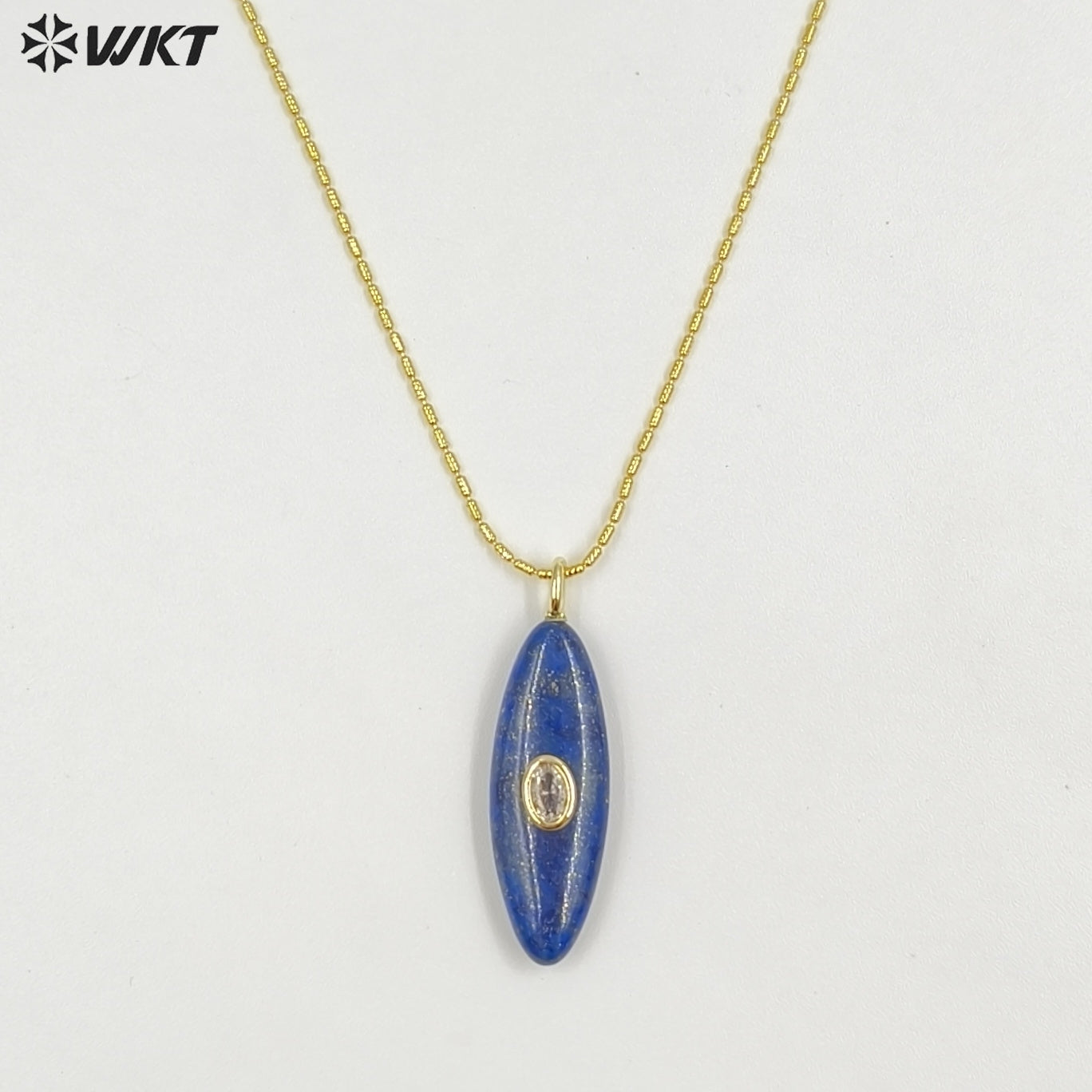 WT-N1509 High Quality Thin Chain Gold Electroplated Natural Gemstones With Zircon Long Oval Shape Pendant Necklaces As Lady Gift