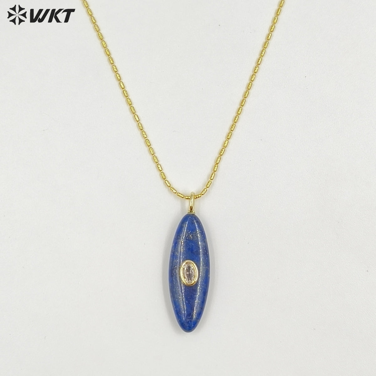 WT-N1509 High Quality Thin Chain Gold Electroplated Natural Gemstones With Zircon Long Oval Shape Pendant Necklaces As Lady Gift