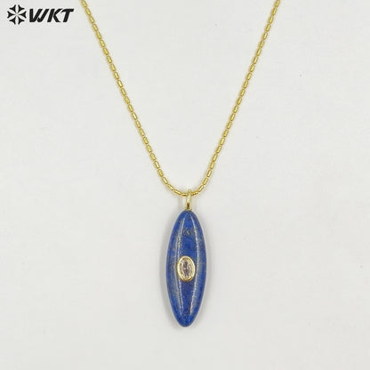 WT-N1509 High Quality Thin Chain Gold Electroplated Natural Gemstones With Zircon Long Oval Shape Pendant Necklaces As Lady Gift