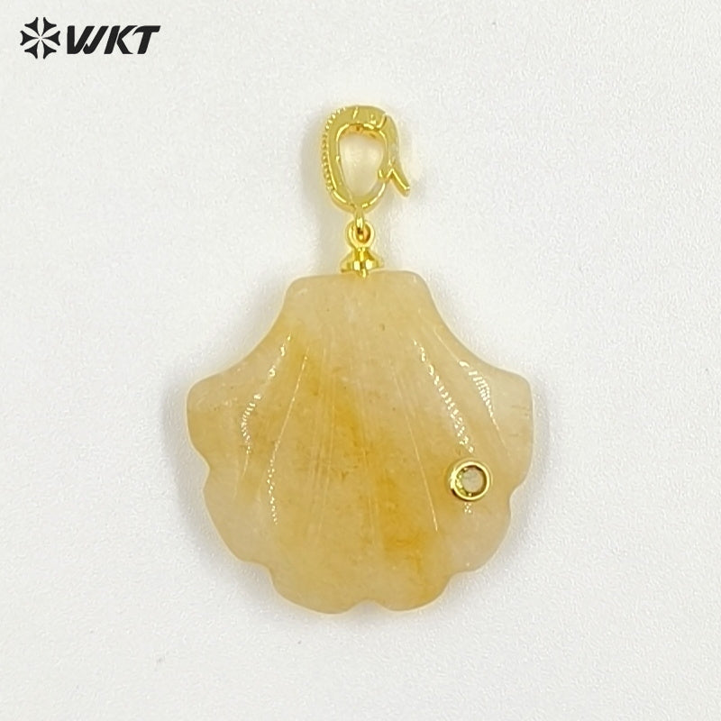 WT-P2097 Lovely Design Natural Gemstones And Colorful Zircon Hand Carved Shell Shape Little Pendants For Female Jewelry DIY