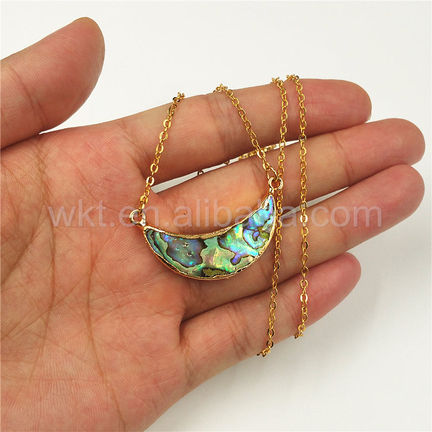 WT-N770 Newest Natural Gold Plated Abalone Crescent Moon Necklace, Hot Fashion Double Loops Abalone Crescent Moon Necklace