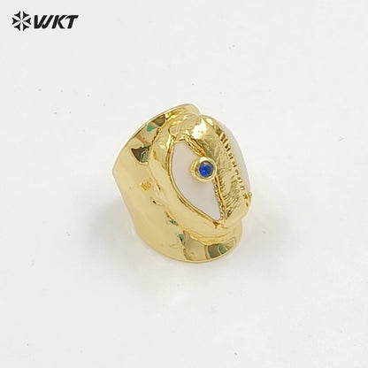 WT-R335 Wholesale Bohemian Style Cowrie Ring With Multicolor Beads in 18K Gold Plated Adjustable Natural Cowrie Shell Ring