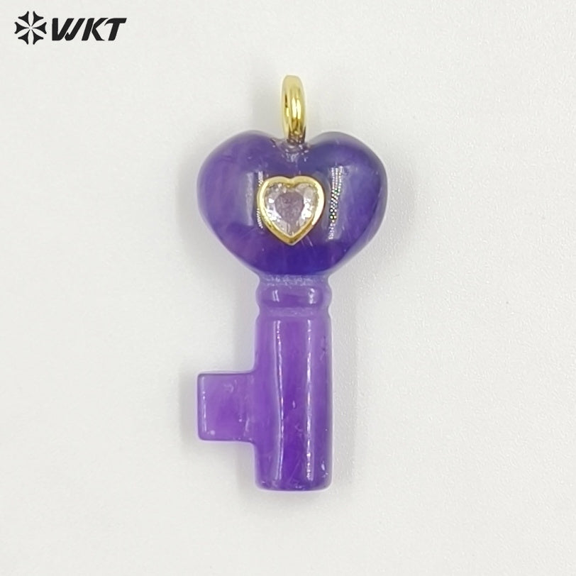 WT-P2057 New Fashion Heart Shape Colorful Zircon And Natural Gemstones Carved Key Pendants For Friend Lovely Gift Making