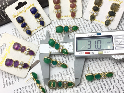 WT-E812 Newest Fashion Design Gold Plated Zircons And Three Natural Gemstones Drop Earrings As Lady Elegant Jewelry Gift