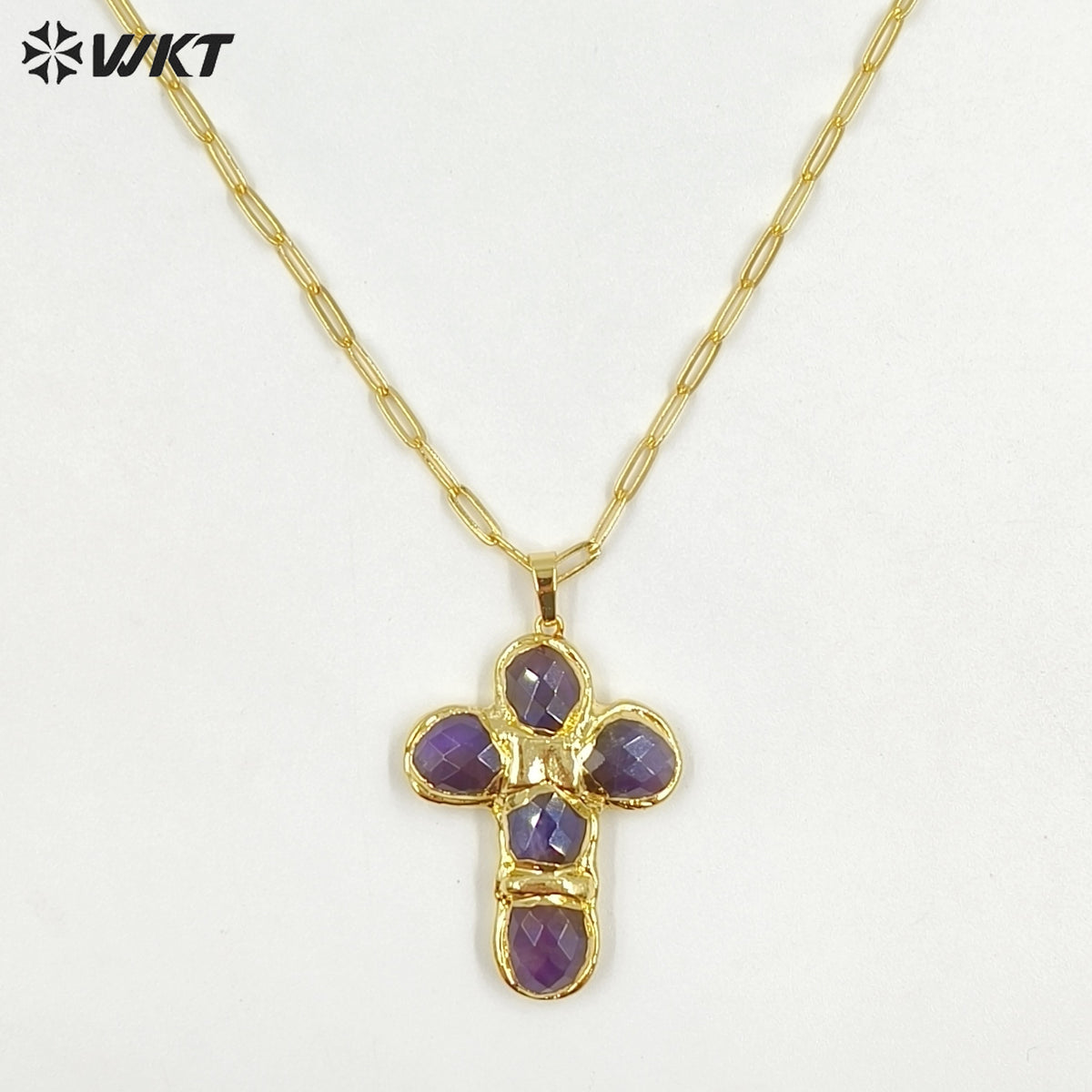 WT-N1543 Factory Wholesale High Quality 18K Gold Plated Natural Gemstone Cross Shape Pendant Necklaces As Women Trendy Jewelry