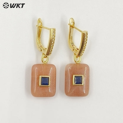 WT-E796 Top Quality Gold Plated Natural Multi Colors Gemstones With Zircon Rectangle Pendant Earrings For Lady Daily Wearing