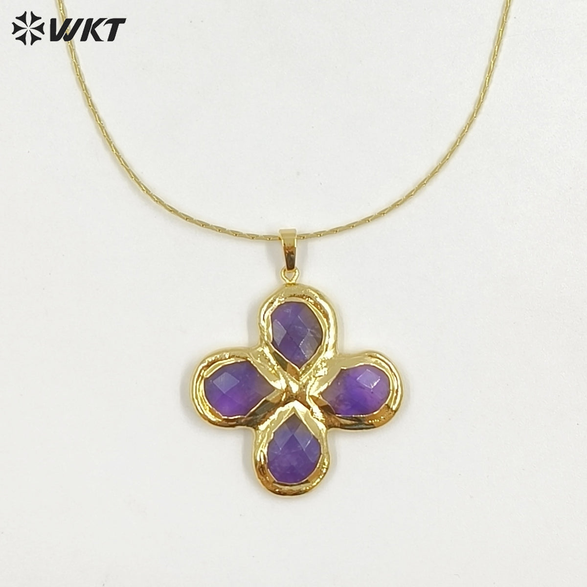 WT-N1542 Popular Fashion Gold Plated Thin Chain With Natural Gemstone Four Leaf Clover Pendant Necklace For Lady Birthday Gift