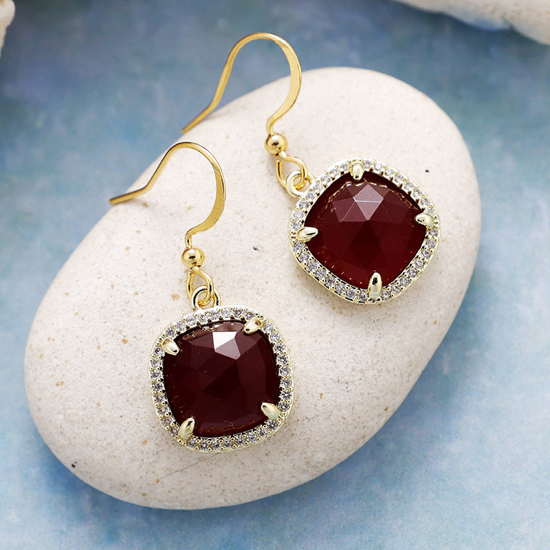 WT-E781 Porcelain High Quality Gemstones Women Earrings Natural Amethyst Amazonite Stone Square Shape For Birthday Gift
