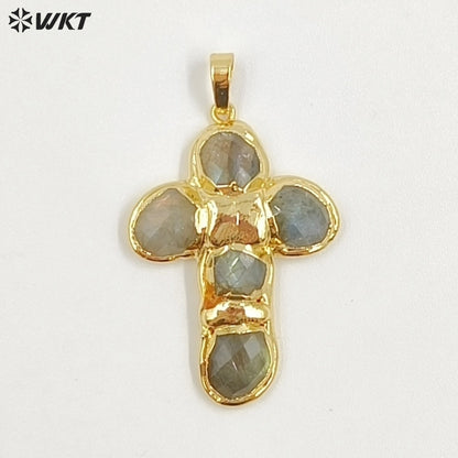 WT-P2027 Amazing Back Full Gold Plated Amazonite Multi Colors Natural Gemstones Cross Shape Pendants For Popular Necklace DIY