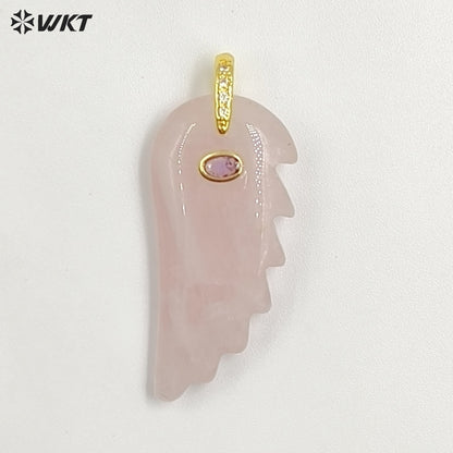 WT-P2061 Amazing Vaious Natural Gemstones And Zircon Carve Feather Shape Pendants As Female Cute Earrings DIY Accessory