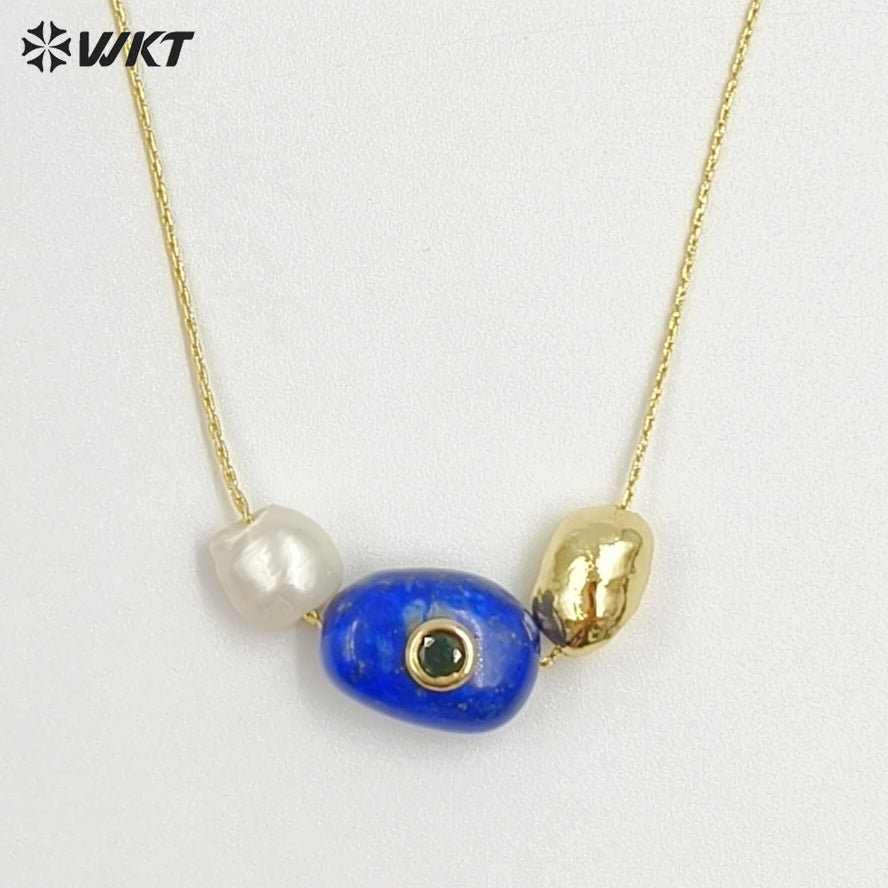 WT-N1541 Elegant Trendy Style Gold Electroplated Tiny Chain With Natural Gemstone And Pearl Pendant Necklace For Daily Wearing