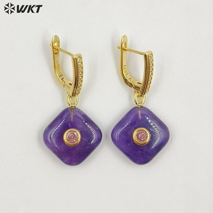WT-E797 Wholesale Unique Design Gold Plated Black Obsidian Multi Gemstones With Zircon Geometric Women Earrings As Party Gift