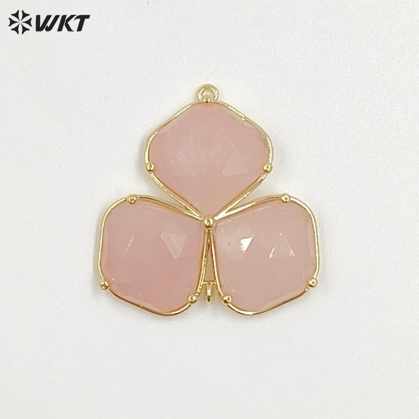 WT-P2129 Beautiful Gold Electroplated Three Natural Gemstones Leaf Shape Pendants As Handmade Jewelry Decorative Findings