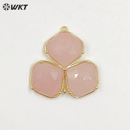 WT-P2129 Beautiful Gold Electroplated Three Natural Gemstones Leaf Shape Pendants As Handmade Jewelry Decorative Findings
