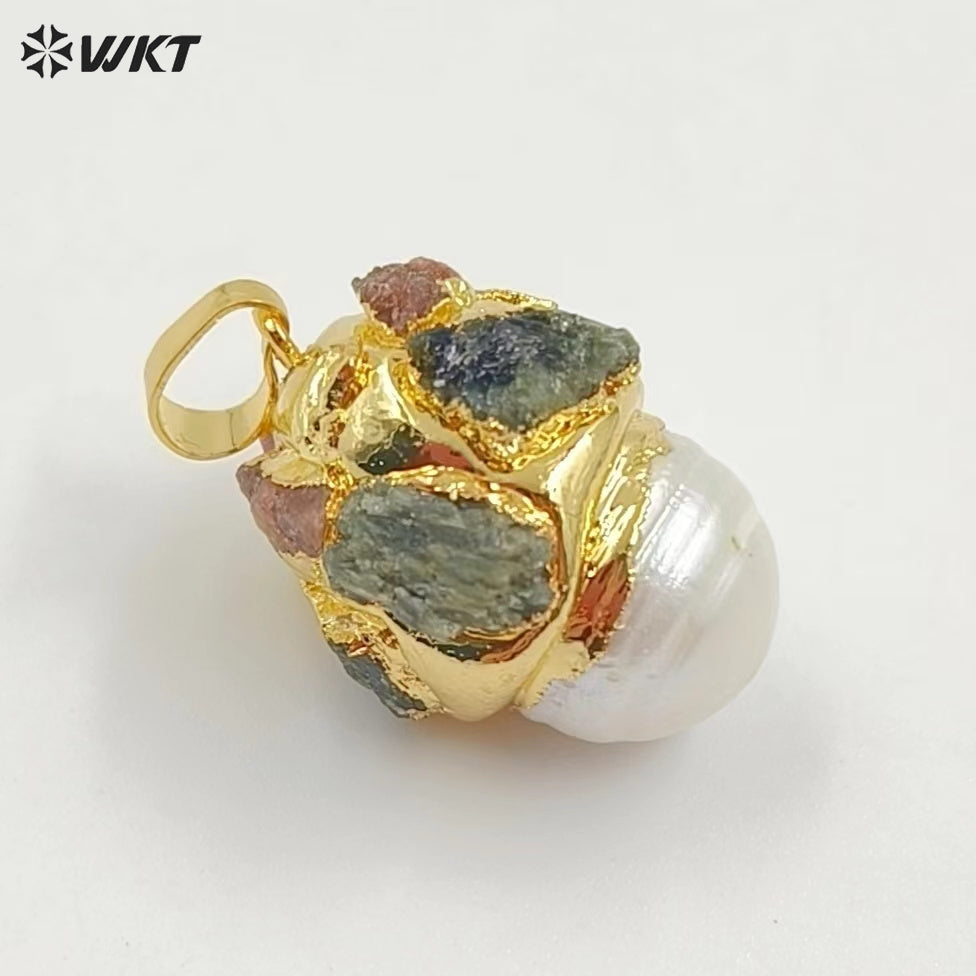 WT-JP377 Newest Fashion 18K Real Gold Plated Natural Baroque Pearl Pendants With Tourmaline Charms on Cap