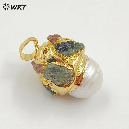 WT-JP377 Newest Fashion 18K Real Gold Plated Natural Baroque Pearl Pendants With Tourmaline Charms on Cap