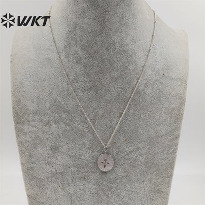 WT-JN213 WKT New Delicate Round Shell Necklace Micropaved Cubic Zircon White Pearl Shell Pendant Necklace With 18inch Chain