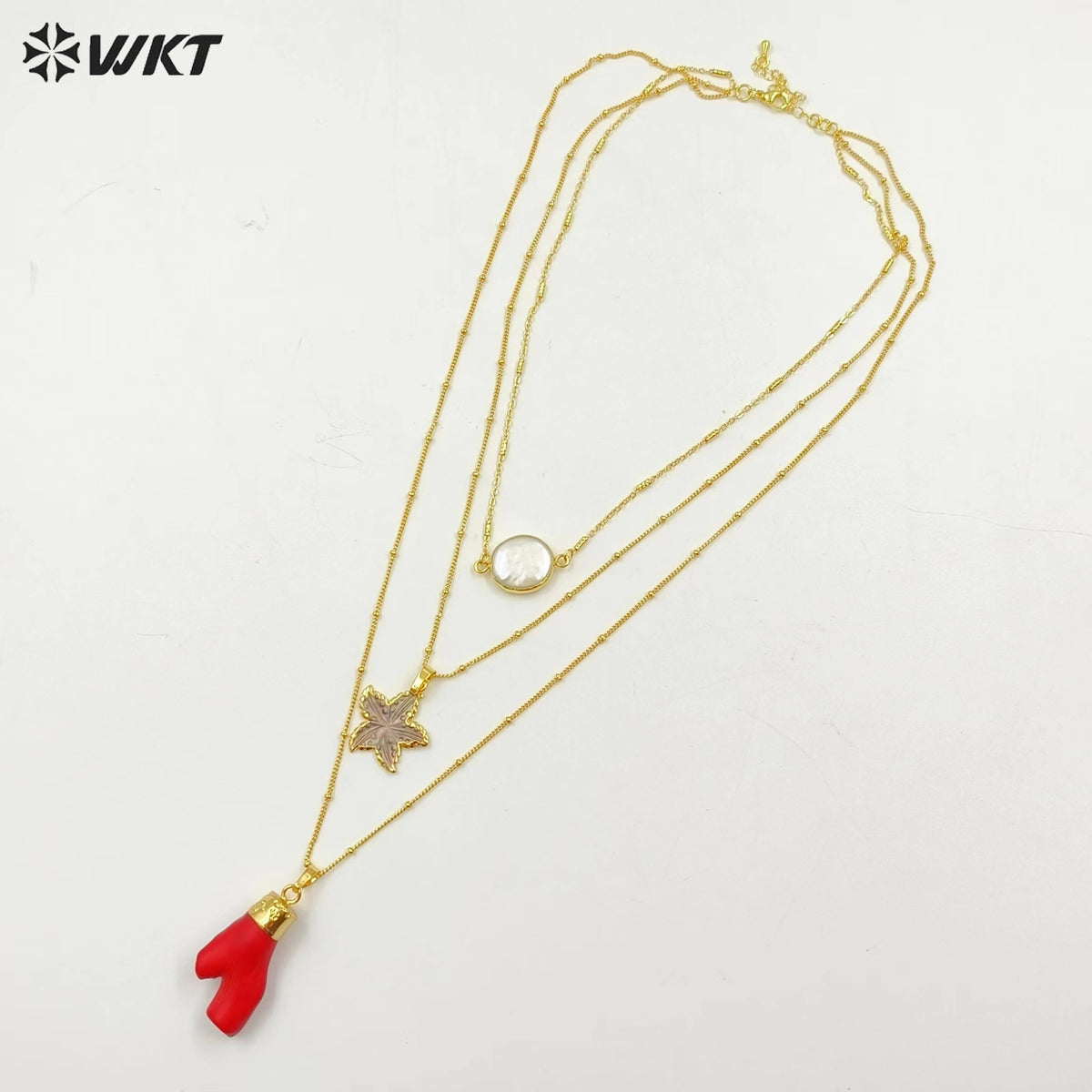 WT-N1325 Noble and Nice Jewelry with Freshwater Pearl Star Shape Shell Red Coral Pendants so Fashion Natural Stone Necklace