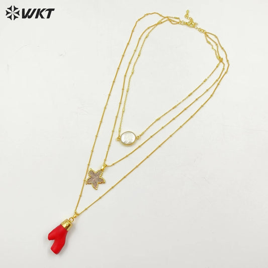 WT-N1325 Noble and Nice Jewelry with Freshwater Pearl Star Shape Shell Red Coral Pendants so Fashion Natural Stone Necklace