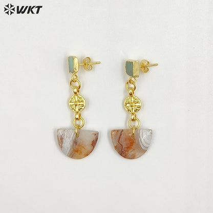 WT-E794 New Arrival Gold Plated Natural Mexico Agate And Chrysoprase Jade Semicircle Pendant Earrings For Girl Elegant Jewelry
