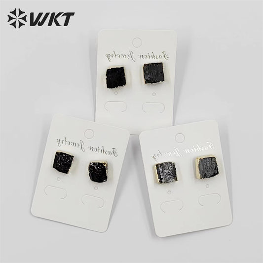 WKT-E701 WKT Newest Fashion 18k Gold Plated square Black Obsidian Studs 12mm Natural Raw Stone Studs for Women