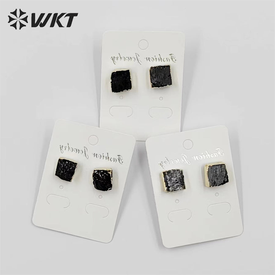 WKT-E701 WKT Newest Fashion 18k Gold Plated square Black Obsidian Studs 12mm Natural Raw Stone Studs for Women