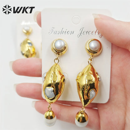 WT-MPE087 WKT New Design Oval Shape 18k Real Gold Plated Natural Pearl Earrings Lady Precious Long Dangle Handmade Wedding Studs