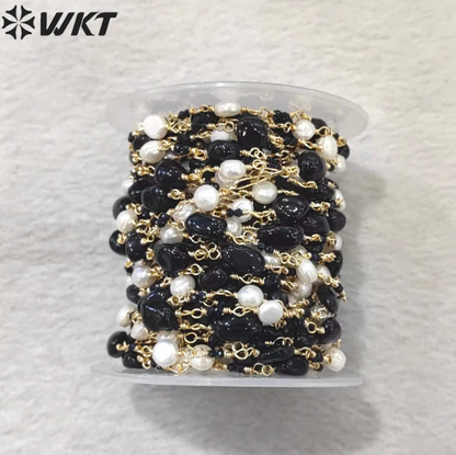 WT-RBC224 Wholesale Latest Style Nugget Stone & Pearl Retro Gold Plated Sell by Meter Handmade Metal Chain